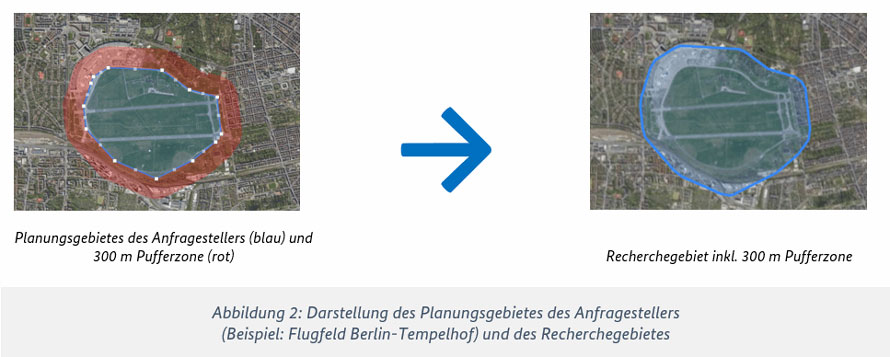 : Darstellung des Planungsgebietes des Anfragestellers (blau, Beispiel: Flugfeld Berlin Tempelhof) und des Recherchegebietes (Planungsgebietes des Anfragestellers plus 300m) : Darstellung des Planungsgebietes des Anfragestellers (blau, Beispiel: Flugfeld Berlin Tempelhof) und des Recherchegebietes (Planungsgebietes des Anfragestellers plus 300m)